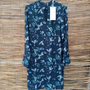 Vanessa Williams Floral & Bird Keyhole Neckline Lined Navy Dress - M - NWT